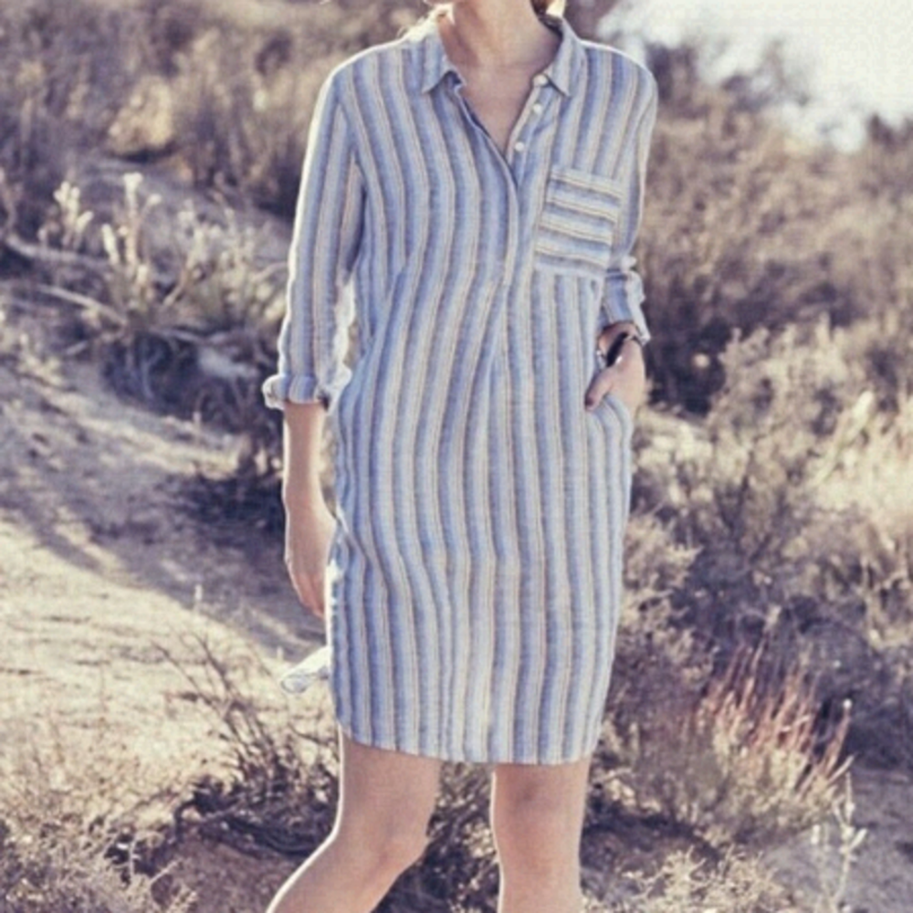 NORDSTROM 100% Linen Caslon Striped Collared Dress Blue Size XS Pockets Boho‎